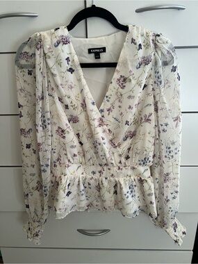 Express White Floral Wrap Peplum Blouse